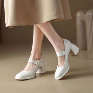 Pompalar Bayan Ayakkabı 2023 Sıcak Satış Mary Janes Kadın Yüksek Topuklu Moda Kemer Ofisi ve Kariyer Yeni Yuvarlak Ayak Toe Heels Kadın Zapatos