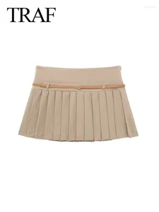 Kvinnors shorts Elegant Khaki Culottes för 2024 Kvinnor vår solid mångsidiga veckade bälte med hög midja a-line mode casual chic