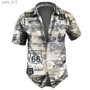 Men's Casual Shirts Vintage Mens Shirts Route 66 Print Short Sleeve Tops Summer Clothing American Landmarks Pattern Shirt Oversized Tees Streetwear 240402