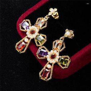 Dangle Earrings Europe and America Gold-Flated Colorful Zircon Trendy Cross Women Wedding Gift Earingsファッションジュエリー2024