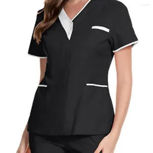 Women's T Shirts Uniform Scrubs Tops V-neck Short Sleeve Pockets Overalls Patchwork Color Nursing Working Workwear