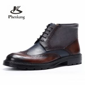 Shoes Phenkang Men's Winter Boots Genuine Leather Black Ankle Waterproof Casual Working Flat Shoes for Men Dress Spring