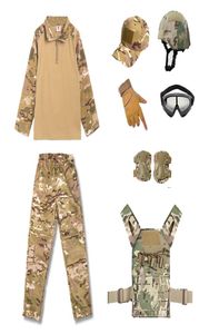 Camouflage Kind Kind Uniform CS BDU Set Outdoor Sport Airsoft Ausrüstung Dschungel Jagd Wald Taktische Helm Weste Kappe Set Kampf ch6627152