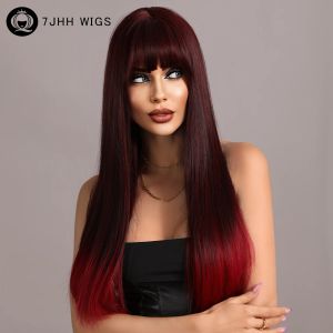 Wigs 7JHH WIGS Long Straight Wigs with Bang Ombre Dark Red Black Hair Wig for Women Daily Cosplay Party Heat Resistant Hair Natural
