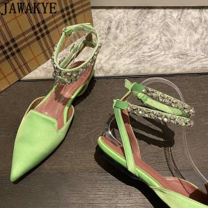 Flats Pointy Toe Satin Flats Crystal Strap Flat Heel Slingbacks Designer Shoes Women Summer Dress Sandals Different Colors