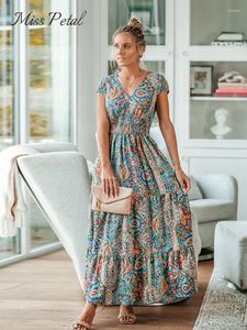 فساتين الحفلات Paisley Print V-Neck Maxi Dress for Women Sexy Cap Sleeve Holiday Beach A-Line 2024 Summer Female Sundress