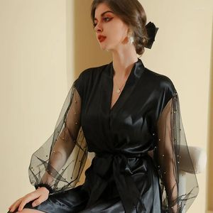 Startseite Kleidung Cross-Border Morgenkleid Damen Perlennetz Langes Nachthemd Hochzeit Make-up Brautjungfer Gruppe Kimono Seidenbademantel