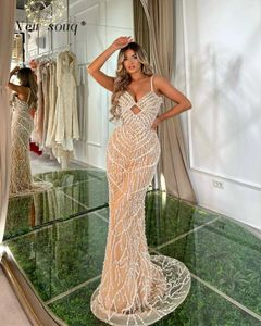 Party Dresses Champagne Nude Pearls Beaded Spaghetti Straps Evening Sleeveless Glitter Sequins Mermaid Beach Wedding Gowns