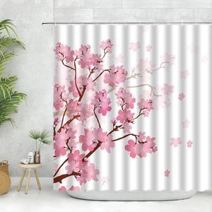 Tende da doccia Set di tende floreali con fiori di pesco rosa Fiori di ciliegio Pianta Fiori Decor Bagno Ganci in tessuto di poliestere bianco