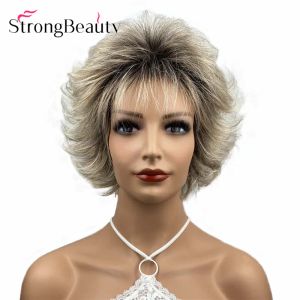Perücken Stronbeauty Short Body Wave Perückenschichtpixie geschnitten blonde/rote/schwarze Frauen Perücken synthetische Haare Hitze OK
