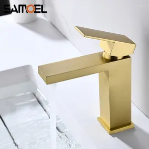 Torneiras de pia do banheiro estilo nórdico estilo simples escovado torneira de ouro quadrado latão chuveiro bacia misturador de água fria g1145