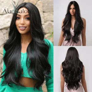 Perucas Alan Eaton Black Longo Corpo Longo Wavy Wavy Wigs para mulheres Afro Black Hair Wigs Natural Parte Média Fibra Resistente ao Calor Uso diário