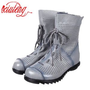 Botas XIUTENG 2022 CORTES DE ESTILO MULHERES BOTA DE TORNO ZAPATOS MUJER cinza e preto sapatos de couro genuíno Mulher de verão Boots Cool com zíper