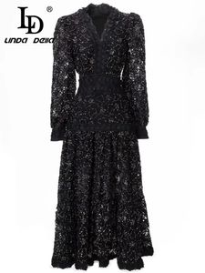 Ld Linda della moda pisti siyah dres vneck fener kılıf içi boş out nakış vintage parti midi elbise 240319