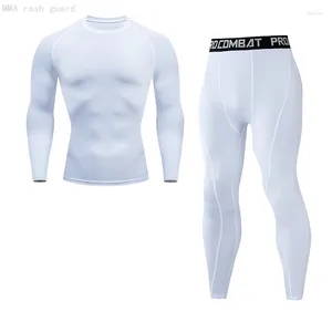 Herrspårar vita gymnastikuppsättning långärmad t-shirt leggings 2 i 1 kompression sport andra lager snabb torr träning rashguard män