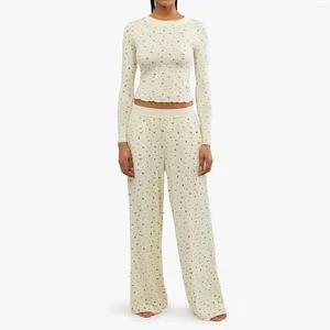 Hemkläder kvinnor 2 bit pyjama set långärmad skördetoppar och elastiska breda benbyxor för loungewear mjuka sömnkläder nattkläder