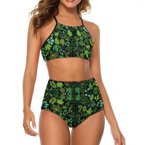 Kvinnors badkläder växttryck bikini baddräkt gröna blad hög midja kvinnor sexig modern uppsättning push up design feminin bikinis