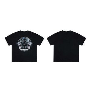 繰り返し牛ヘッドテリアウォッシュ中古Tシャツウルフヘッドトゥースラウンドネック大きなルーズ半袖