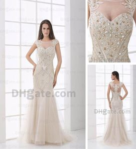 Mermaid Evening Dresses Real Actual Picture Sheer Scoop Beaded Rhinestones Champagne Tulle Floor Length DHYZ 024354688