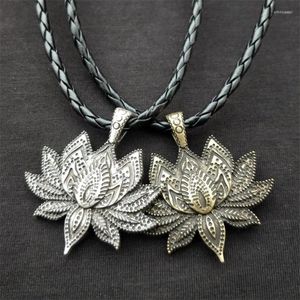 Pingente colares charme vintage mandala flor de lótus colar para mulheres homens metal couro corrente amuleto jóias religiosas presentes