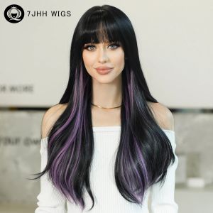 Wigs 7JHH WIGS Long Wavy Dark Green Wig for Women Daily Cosplay Party Highlight Purple Synthetic Hair Wig with Bangs Heat Resistant