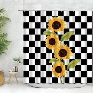 Shower Curtains Sunflower Flower Curtain Black And White Checkered Background Modern Bathroom Rustic Farmhouse Decor Hook