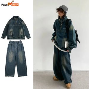 Retro Denim Set Men Loose Vintage Cowboy Hooded Pullover wide-leg Jeans Male 2-piece Set Japanese Street Spring Autumn Suits 240319