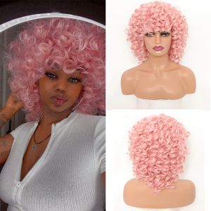 Peruker korta lösa lockiga peruker för kvinnor ingefära afro kinky lockig bob peruk med bang naturlig syntetisk cosplay hår peruk röd brun rosa