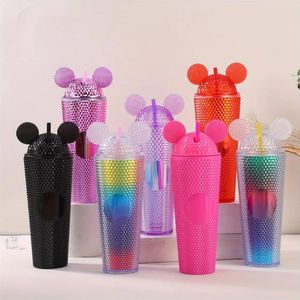 Tumblers 1 pc Tumbler cravejado com tampa de mouse e palha brilhando gradiente colorido grande capacidade garrafa de água plástica de parede dupla