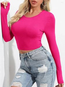 Women's T Shirts Fashion Womens Summer Slim Cropped Tops Solid Color Long Sleeve Round Neck Show Navel Basic T-Shirt Club Street Style