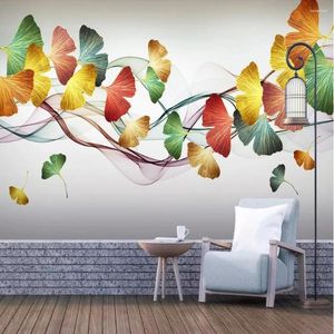 Wallpapers molofi personalizado pequena planta fresca ginkgo folhas abstratas linhas de fumaça fundo papel de parede mural