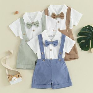 Clothing Sets Pudcoco Toddler Boy Gentleman Outfit Solid Color Short Sleeves Romper With Bow Tie And Overalls Shorts Set For Formal Wear