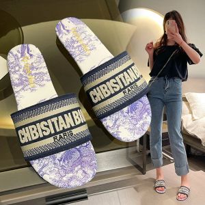 Women luxury Designer Sandals Slippers Leather Summer Flat Slipper Embroidery fashion beach woman Big head Rainbow letters 35-42 With Box