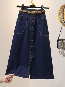 Kjolar överdimensionerad koreansk stil denim kjol kvinnor våren singel breasted ficka lös casual mid lång klänning mode trend a-line