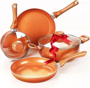 Köksredskap uppsättningar Clockitchen Nonstick Set - 6 -bitar krukor och kokkärl i kopparfärginduktion Kök matlagning med steksesaka