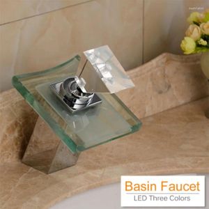 Bathroom Sink Faucets Zhang Ji Led Light Basin Faucet Waterfall Taps 3 Colors Change Single Hole Deck Mounted Water Tap