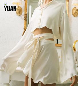 Yuan Women Two Piece Outfits Sweet Silk Bow Tie Shird Blouse Top and Aline 2piece Mini Skirt Set Suits Clothing9884642