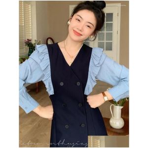 Grundlegende Casual Kleider Lolibook 2024 Frauen Sommer Rüschen V-ausschnitt Kleid Büro Dame Zweireiher Blazer Weibliche A-Line Patchwork Koreanische DH5TY