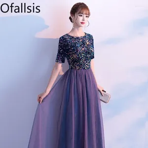 Party Dresses Ofallsis O Neck Sequin Mesh Stitching aftonklänning 2024 Summer Banquet Style Long Adult Chorus Performance Navy