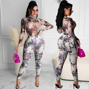 Zaggin 2024 Herbst Sexy Mesh Durchsichtig Bodycon Overall 2-teilige Frauen Print Sets Rollkragen Volle Hülse Lange Hose