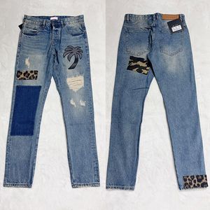 24ss Italy Fashion Mens Plus Size Tree Embroidery Leopard Print Patchwork Denim Trousers with Ripped Holes Casual Washed Jeans Pants Bottoms Skinny Fit 0402