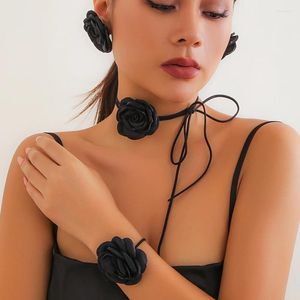 Necklace Earrings Set Romantic Kpop Big Rose Flower Clavicle Chain Bracelet Stud Women Goth Adjustable Rope Choker Y2K Jewelry