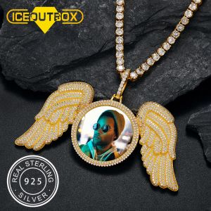 Colares Iceoutbox 925 Sterling Silver Angel Wings Personalizado Foto Medalhão Pingente Colar Iced Out Cubic Zirconia Homens Hip Hop Jóias
