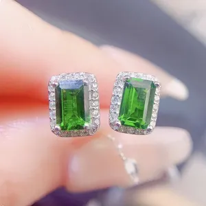 Brincos de parafuso prisioneiro natural real verde diopside brinco estilo retângulo 0.8ct 2 pçs pedra preciosa 925 prata esterlina jóias finas l243205