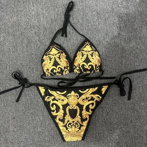 Sexy maiô dourado floral impressão de duas peças biquíni feminino brasileiro banhista maiô feminino praia 240402