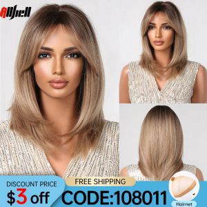 Wigs Ombre Light Brown Short Straight Wigs with Bangs Shoulder Length Women's Layered Wig Heat Resistant Daily Party Use for Women