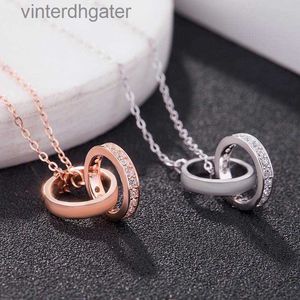 Top Luxury Fine 1to1 Original Designer Necklace for Women S925 Sterling Silver Double Ring Buckle Necklace Circle Slightly Inlaid with Diamond Designer Pendant