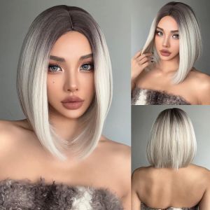 Wigs Bob Straight Platinum Ombre Gray Brown Synthetic Wigs Short Middle Part Cosplay Hair Wigs for Women Natural Heat Resistant Fibre