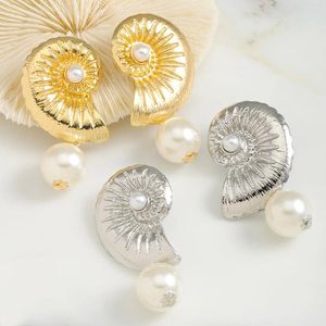 Stud Earrings HUANZHI Metal Imitation Pearl Large Conch For Women Girls Beach Animals Exaggerated Holiday Jewelry Gifts 2024 Trend