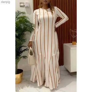 Urban Sexy Dresses Plus size semi formal Maxi dress Elegant white stripes Autumn/Winter long Sleve cotton Maxi dress Y240402